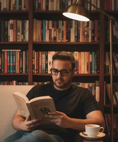 Nikhil reading in a book-lined room
